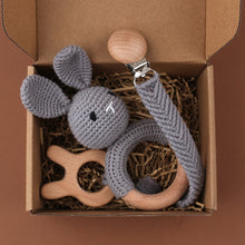 Load image into Gallery viewer, Set of 3 Handmade Baby Crochet Wooden Ring Grey Bunny Rattle Teether and Baby Woven Pacifier Easy Clip Chain with Wooden Bunny Toy Set