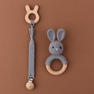 Set of 3 Handmade Baby Crochet Wooden Ring Grey Bunny Rattle Teether and Baby Woven Pacifier Easy Clip Chain with Wooden Bunny Toy Set