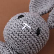 Load image into Gallery viewer, Set of 3 Handmade Baby Crochet Wooden Ring Grey Bunny Rattle Teether and Baby Woven Pacifier Easy Clip Chain with Wooden Bunny Toy Set