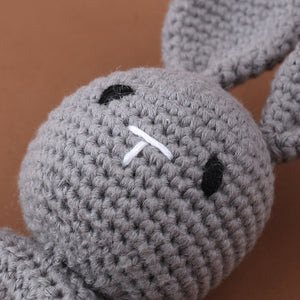 Set of 3 Handmade Baby Crochet Wooden Ring Grey Bunny Rattle Teether and Baby Woven Pacifier Easy Clip Chain with Wooden Bunny Toy Set