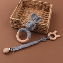 Load image into Gallery viewer, Set of 3 Handmade Baby Crochet Wooden Ring Grey Bunny Rattle Teether and Baby Woven Pacifier Easy Clip Chain with Wooden Bunny Toy Set