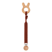Load image into Gallery viewer, Set of 3 - Handmade Baby Crochet Wooden Ring Brown Bunny Rattle Teether with Baby Woven Pacifier Easy Clip Chain and Wooden Bunny Toy Set