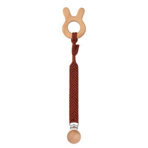 Set of 3 - Handmade Baby Crochet Wooden Ring Brown Bunny Rattle Teether with Baby Woven Pacifier Easy Clip Chain and Wooden Bunny Toy Set