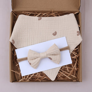 Muslin Cotton Baby Bibs and Bow Headband Set