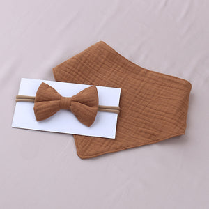 Muslin Cotton Baby Bibs and Bow Headband Set