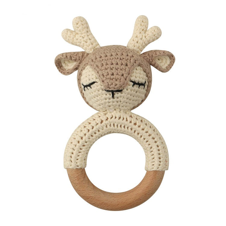 Natural & Handmade Crochet Wooden Baby Rattle Teether Ring – Fawn