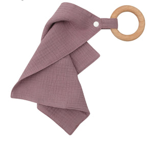 Organic Cotton Muslin Fabric Handkerchief Wooden Teether Ring Baby Soft Toy - Purple