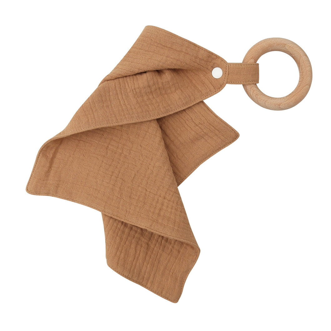 Organic Cotton Muslin Fabric Handkerchief Wooden Teether Ring Baby Soft Toy - Brown