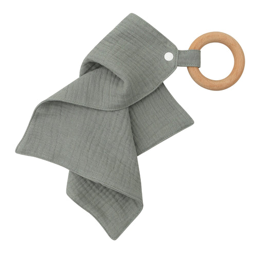 Cotton Muslin Fabric Handkerchief Organic Wooden Teether Ring Baby Soft Toy - Roman Green