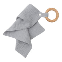 Load image into Gallery viewer, Cotton Muslin Fabric Handkerchief Organic Wooden Teether Ring Baby Soft Toy - Grey