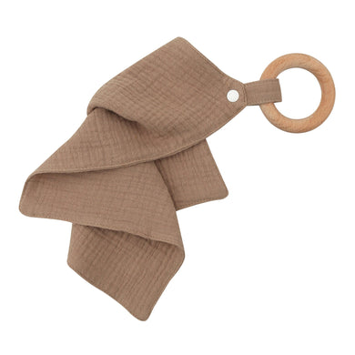 Cotton Muslin Fabric Handkerchief Organic Wooden Teether Ring Baby Soft Toy - Coffee