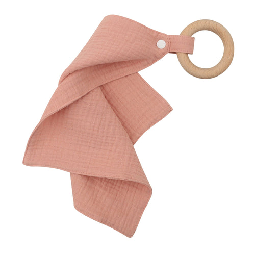 Cotton Muslin Fabric Handkerchief Organic Wooden Teether Ring Baby Soft Toy - Dark Salmon