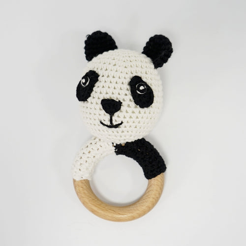 Natural & Handmade Crochet Wooden Rattle Teether Ring - Panda