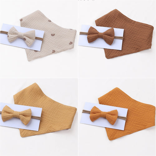 Muslin Cotton Baby Bibs and Bow Headband Set