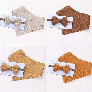 Muslin Cotton Baby Bibs and Bow Headband Set