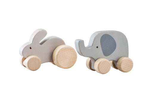 Set of 2 - Wooden Wheelie Rabbit & Elephant Toys