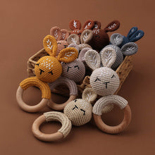 Load image into Gallery viewer, Natural &amp; Handmade Crochet Wooden Baby Rattle Teether Ring – Light Brown Bunny