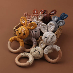 Natural & Handmade Crochet Wooden Baby Rattle Teether Ring – Light Brown Bunny