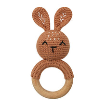 Load image into Gallery viewer, Natural &amp; Handmade Crochet Wooden Baby Rattle Teether Ring – Tan Bunny
