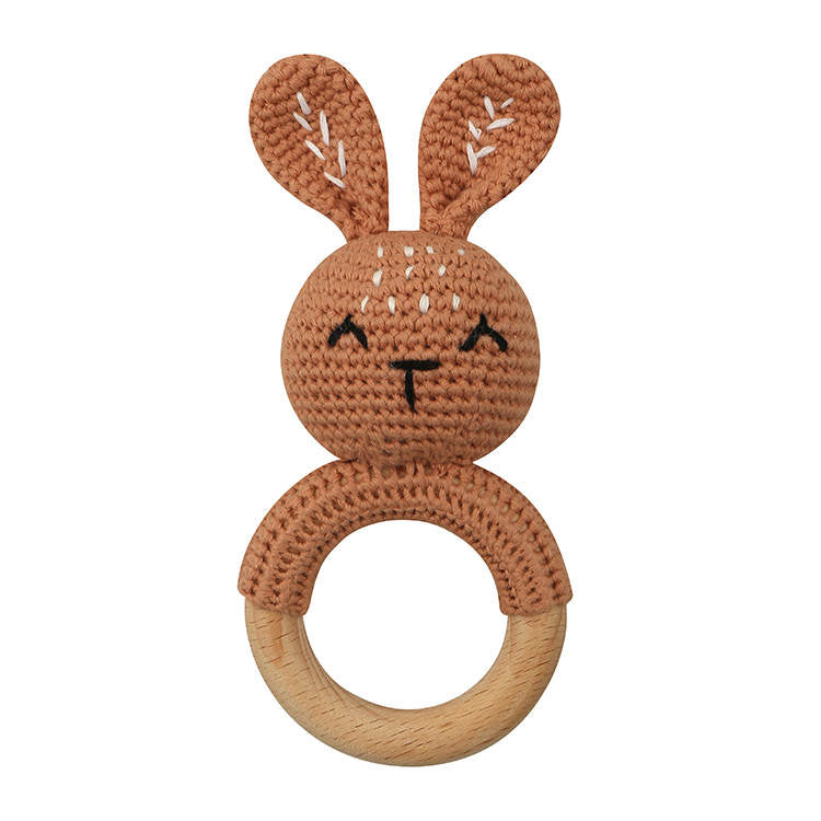 Natural & Handmade Crochet Wooden Baby Rattle Teether Ring – Tan Bunny