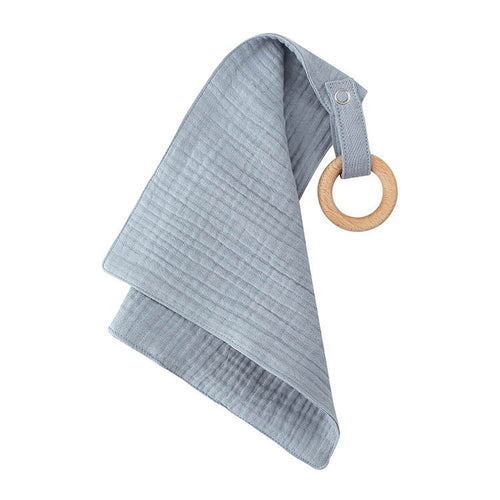 Cotton Muslin Fabric Handkerchief Organic Wooden Teether Ring Baby Soft Toy - Light Blue