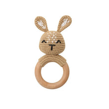 Load image into Gallery viewer, Natural &amp; Handmade Crochet Wooden Baby Rattle Teether Ring – Light Brown Bunny