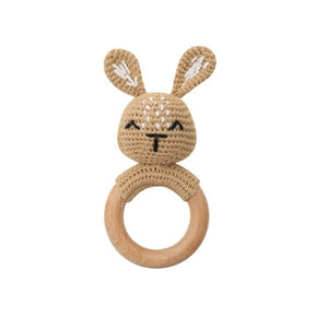 Natural & Handmade Crochet Wooden Baby Rattle Teether Ring – Dark Beige Bunny