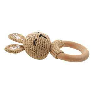 Natural & Handmade Crochet Wooden Baby Rattle Teether Ring – Dark Beige Bunny