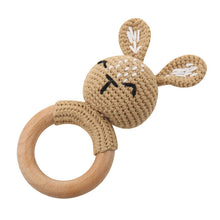Load image into Gallery viewer, Natural &amp; Handmade Crochet Wooden Baby Rattle Teether Ring – Light Brown Bunny