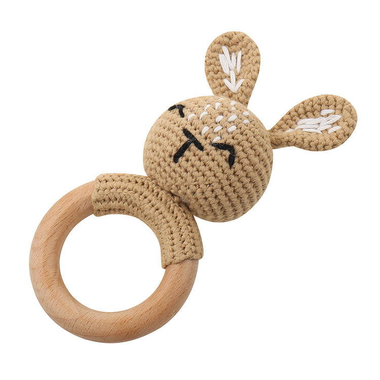 Natural & Handmade Crochet Wooden Baby Rattle Teether Ring – Light Brown Bunny