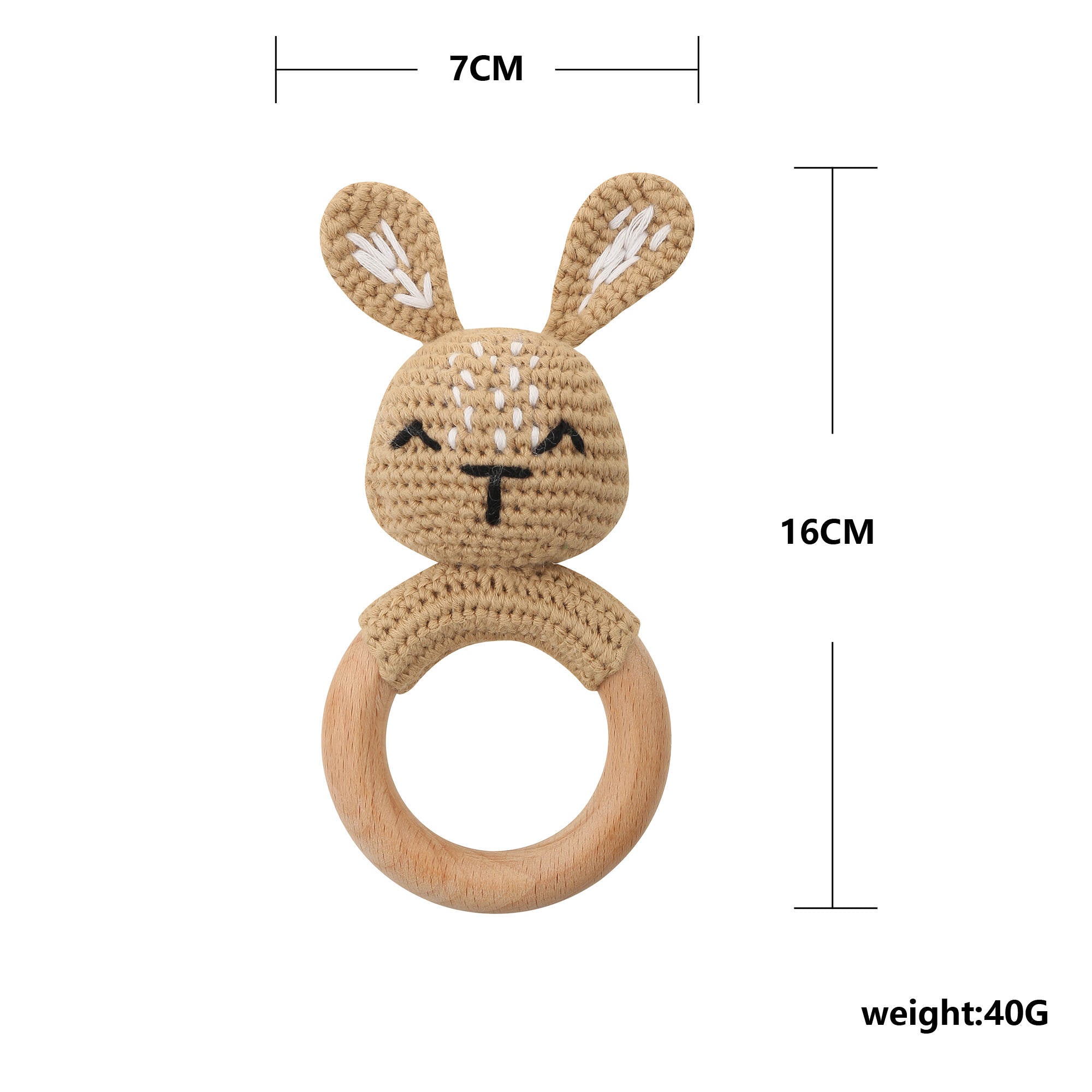 Natural Handmade Crochet Wooden Baby Rattle Teether Ring Light Brown Bunny