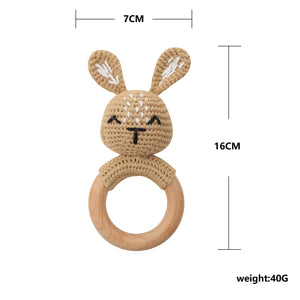 Natural & Handmade Crochet Wooden Baby Rattle Teether Ring – Light Brown Bunny